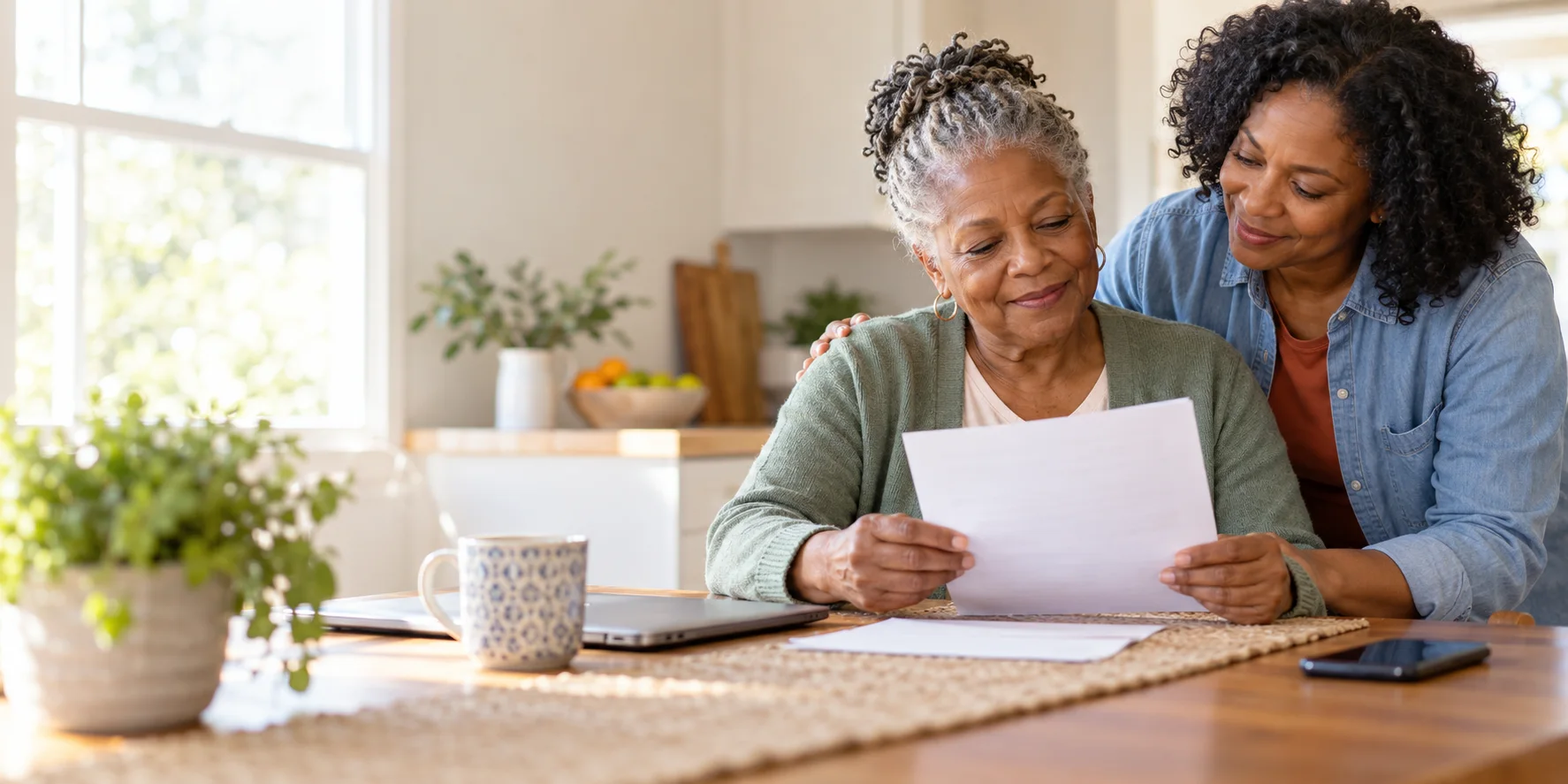 An older woman reviews a health coverage letter at home with a family member.